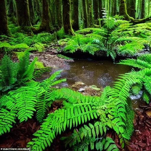 Image similar to 3 0 round pools of water in a forest, the wood between the worlds, narnia, lush green forest, moss and ferns, ferns,