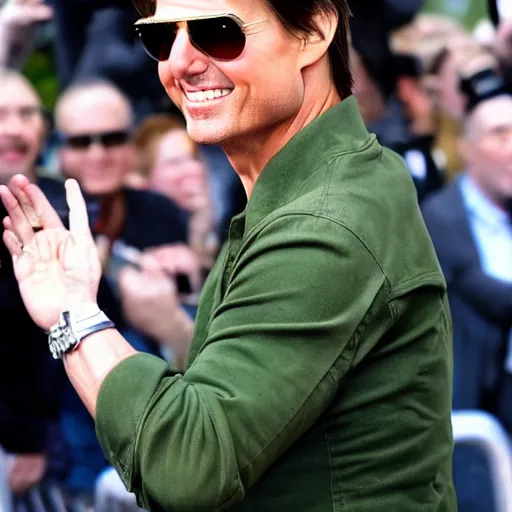 Image similar to Tom Cruise waving to fans. He's wearing bluejeans and a green jacket, Ralph Lauren. A helicopter is in the background. Shallow depth of field