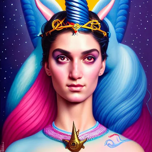 Image similar to portrait of himan riding an unicorn and, pixar style, by tristan eaton stanley artgerm and tom bagshaw.