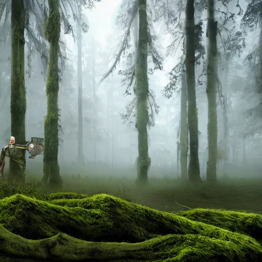 Prompt: Foggy forest with huge trees overgrown with moss and lianas, a hunter with weapons in diesel-punk style cautiously walks between the roots. 4K 64 megapixels 8K resolution DSLR filmic HDR Kodak Ektar wide-angle lens 3D shading Behance HD CGSociety Cinema 4D IMAX shadow depth rendered in Blender Unreal Engine hyperrealism photoillustration, lots of reflective surfaces, subsurface scattering