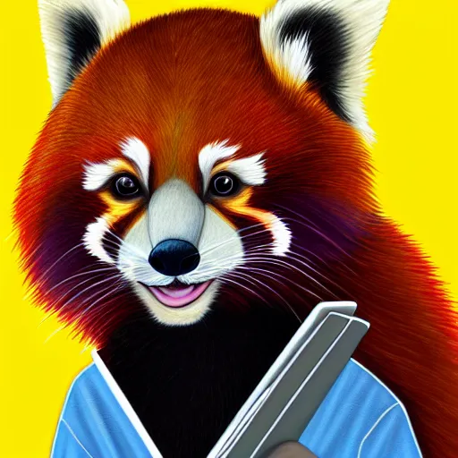 Image similar to beautiful portrait commission of a female furry anthro red panda wearing a yellow hoodie while typing on a laptop, trending on artstation