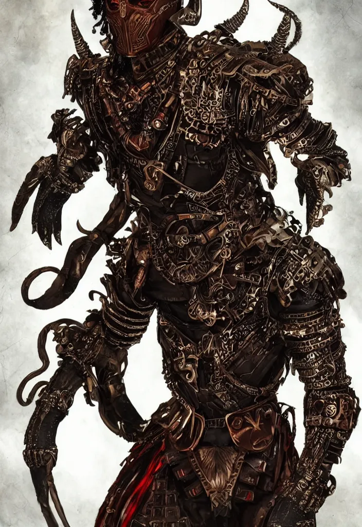 Image similar to a portrait of a wakandan warrior in a steampunk style armor as a demon in a fiery hell, eerie, dark, fantasy, trending on ar, digital art.