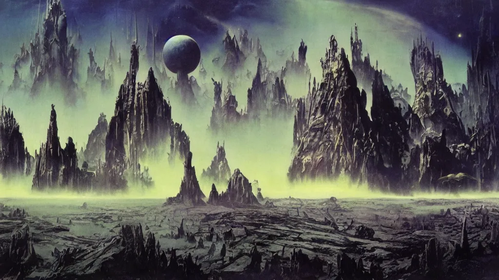 Image similar to surreal eerie alien planet empire by frank frazetta and bruce pennington, cinematic matte painting