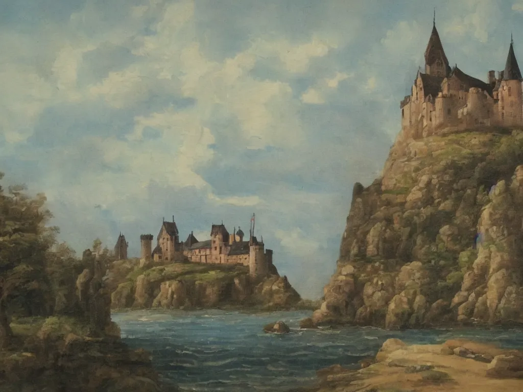 Prompt: a landscape painting of a castle on the ship