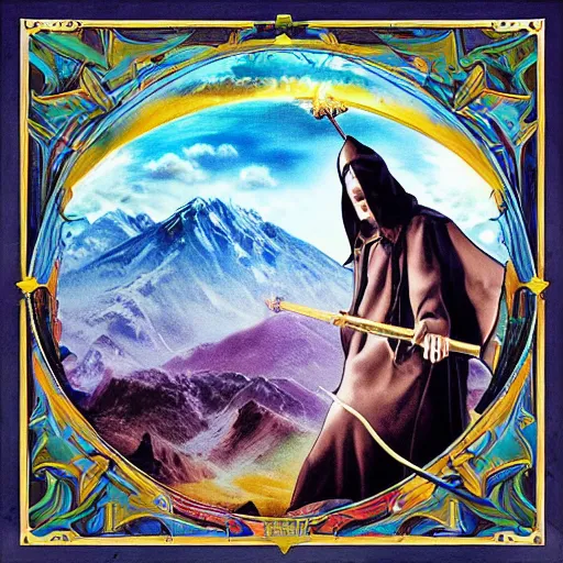 Image similar to Album Cover of wizard on a mountaintop holding a magical staff, 80’s, metal, airbrush art, High Quality, Fantasy