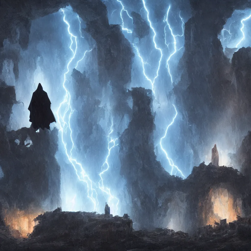 Image similar to a still of a cloaked figure standing in the ruins of crux prime, monastery, there is lightning, blue fiery maelstrom in the distance, it is raining, digital art, artstationhq