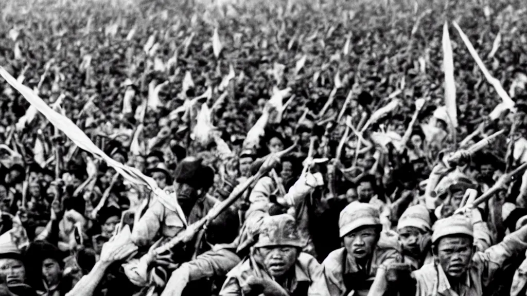 Prompt: A badass photo from a Films about the Indonesian National Revolution, flag, dictatorship, hyper detailed, 50mm, award winning photography, perfect faces.