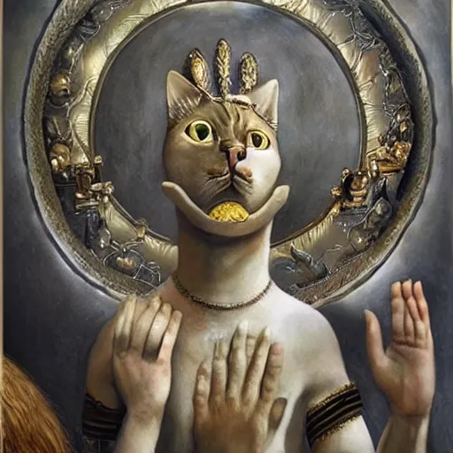 Prompt: a godlike cat and the human race praying him. highly detailed. Award winner. Beautiful paint.