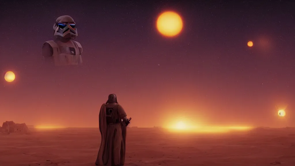 Image similar to film still A new hope tatooine Binary sunset