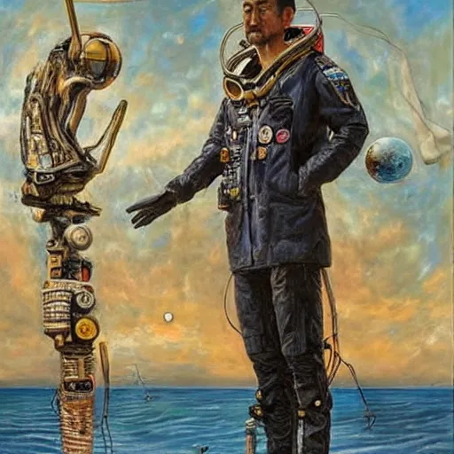 Image similar to by tim okamura improvisational salvador dali. a beautiful installation art of astronaut standing on a planet with a flag in the background.