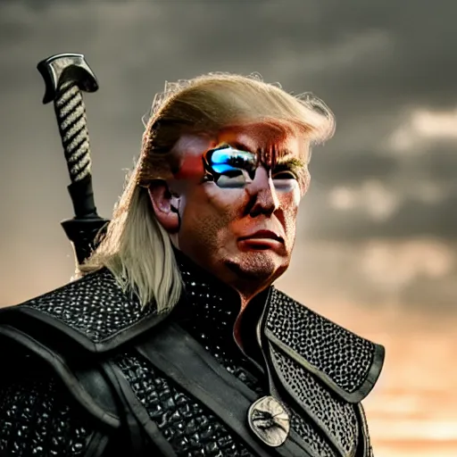 Image similar to donald trump as geralt of rivia from the witcher movie, dramatic film still, details, sigma 7 5 mm, 4 k