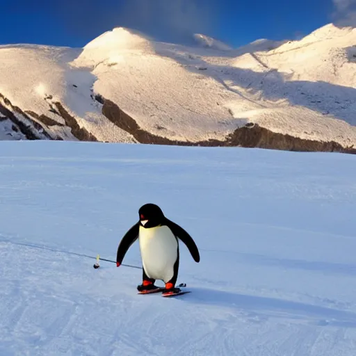 Prompt: penguin skiing on snow, snowy mountain background, snowing