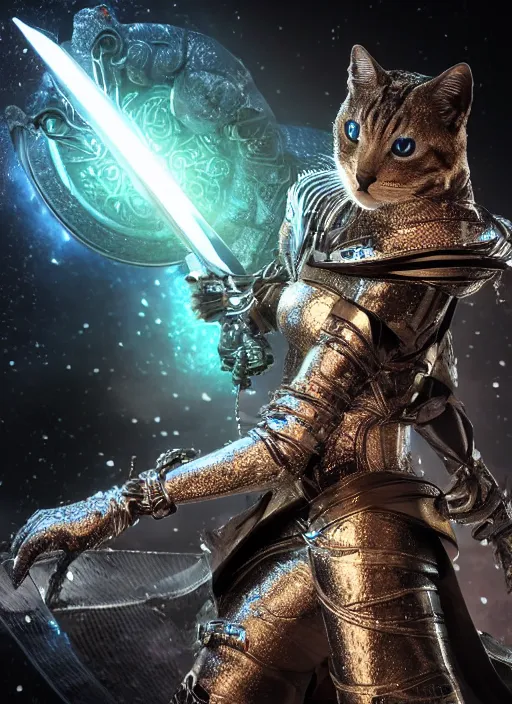 Prompt: Super realistic 8K render of a dark hooded powerful elegant elite feline warrior wearing iridescent armor coated in complex circuitry and motherboards and microchips and brandishing a celestial sword, extremely detailed, iridescent, high quality, epic, futuristic, octane render, beautiful, shimmering, deity