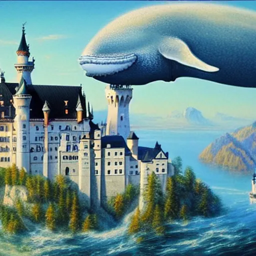 Prompt: a happy cyber whale is floating above castle neuschwanstein, it is a beautiful morning, painting by ed Binkley and Gerald Brom