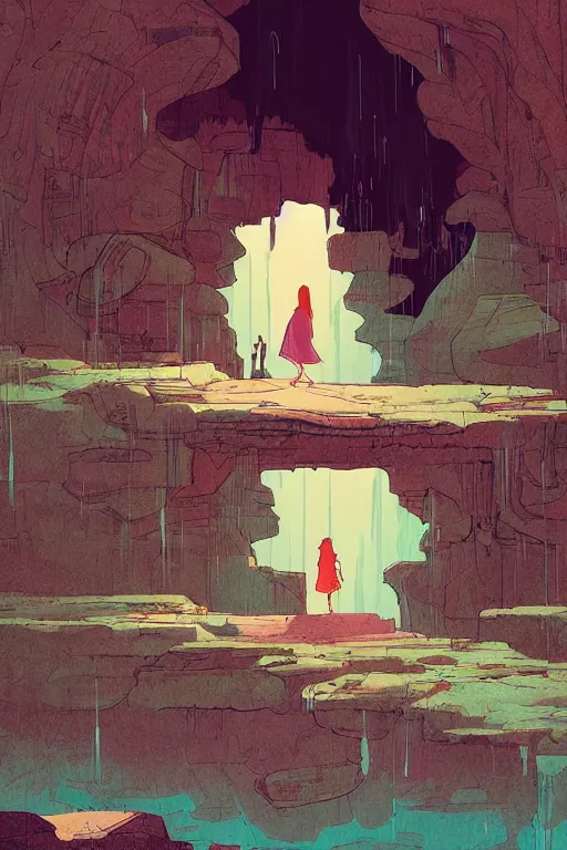 Image similar to a girl walking to a giant wooden door with archaic symbols embedded onto it in a cave with waterfall, digital art, illustrated by pascal campion and moebius and victo ngai, colorful comics style