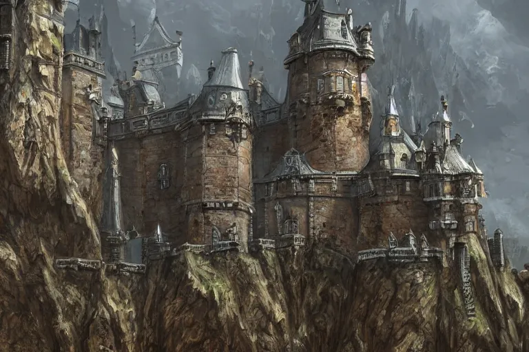 Prompt: A big iron keep overlooking the beautiful castle below it, metal, iron, texture, intricate, details, highly detailed, masterpiece, architecture, building, trending on artstation, focus, sharp focus, concept art, digital painting, fantasy, D&D, tabletop, rpg, roleplay