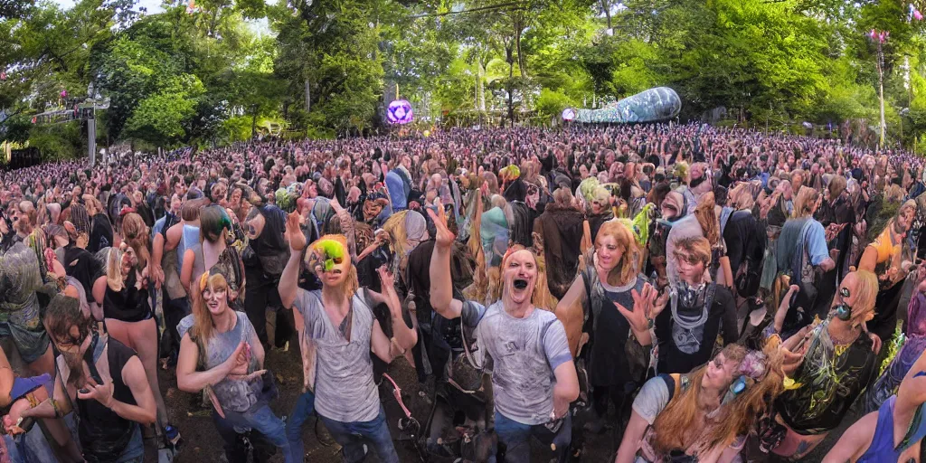 Prompt: an ecstatic crowd at a solarpunk festival listening a wired up cybernetic artifical intelligent synthesizer on a overgrown center stage playing music in the year 3 0 0 0, blissful, unreal, 4 k, hyperrealistic, refraction, 3 d, octane, architecture, by victor henrich, art nouveau, ultrawide, bloom filter, lush, harmony, solarpunk