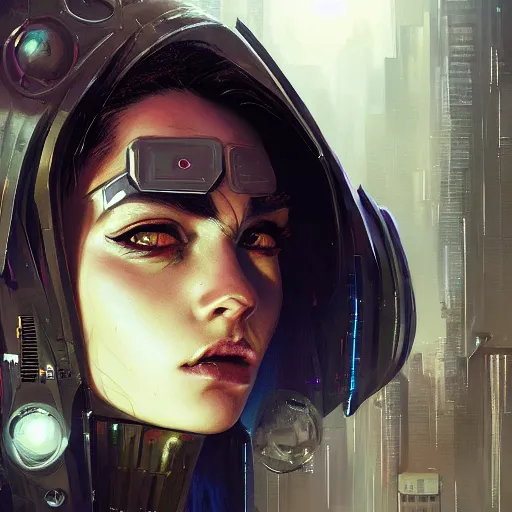 Prompt: closeup portrait of a young cyberpunk razorgirl, dramatic lighting, city background, night, moon, chiaroscuro, high detail, painted by greg rutkowski, painted by igor kieryluk, painted by bobby chiu, painted by geoffroy thoorens, trending on artstation