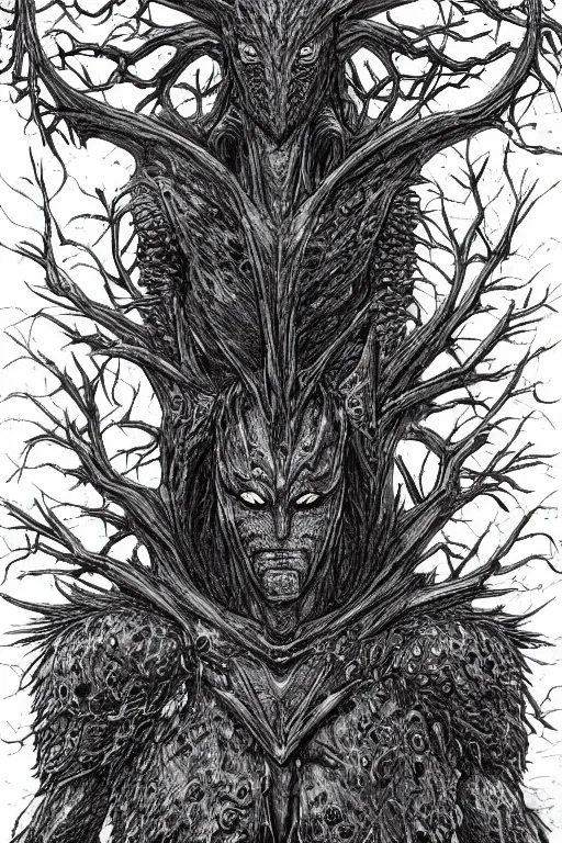 Image similar to armoured tree humanoid monster, symmetrical, highly detailed, digital art, tree armour, sharp focus, trending on art station, kentaro miura manga art style