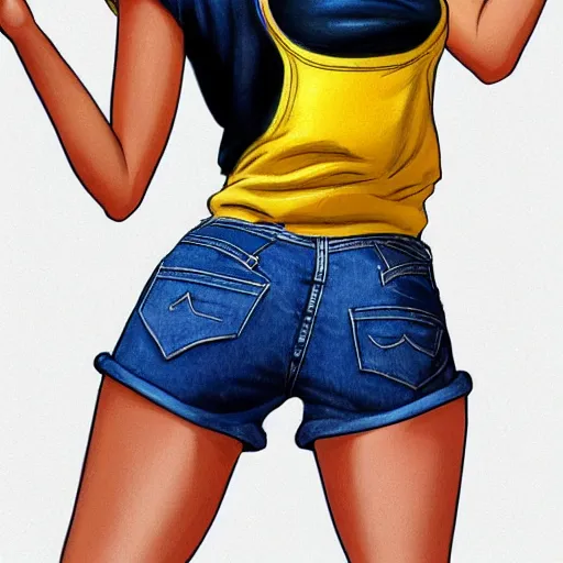 Image similar to anthropomorphic mouse wearing denim short shorts and yellow tank top, highly detailed, artgerm style, artstation, soft light, sharp focus, illustration, character design, concept art