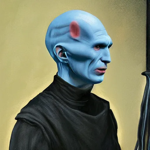 Image similar to voldemort getting a haircut oil painting