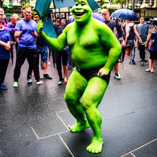 Prompt: shrek winning a Melbourne shuffle competition wearing umbrella pants, professional photography
