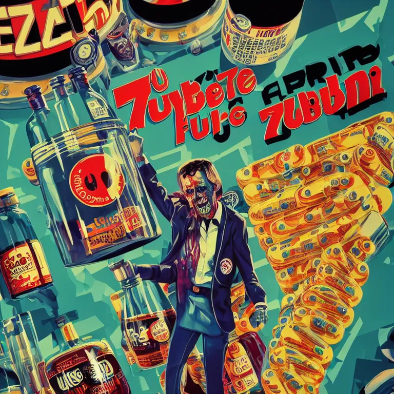 Image similar to hyperdetailed cyber fun 70's poster painting in a color style of 70's black poster art of an a crazy pharmacist zombie holding a giant jar of pills, epic scale ultrawide angle, 3D rendered, Vray rendered, octane render, unreal engine