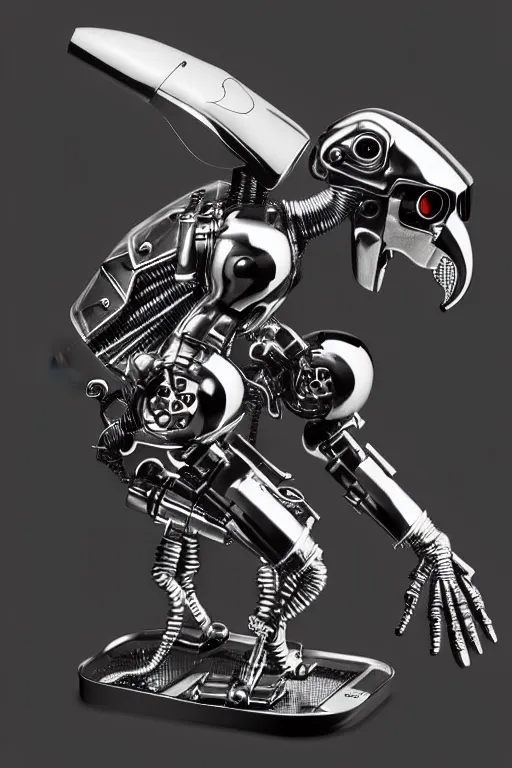 Image similar to terminator parrot cyborg, intricate details. front on, symmetrical. industrial design. good design award, innovative product concepts, most respected design