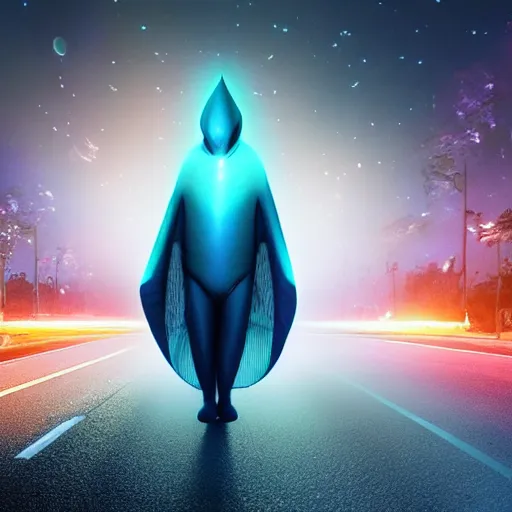 Prompt: cgi hyperintelligent ethereal manta ray alien from beyond the stars in the middle of a busy road, wearing an odd hooded cowl, with fairy lights inside the fabric like shimmering stars, cgi, proper anatomy, sci fi fantasy, ultrarealism, pixar, trending on artstation