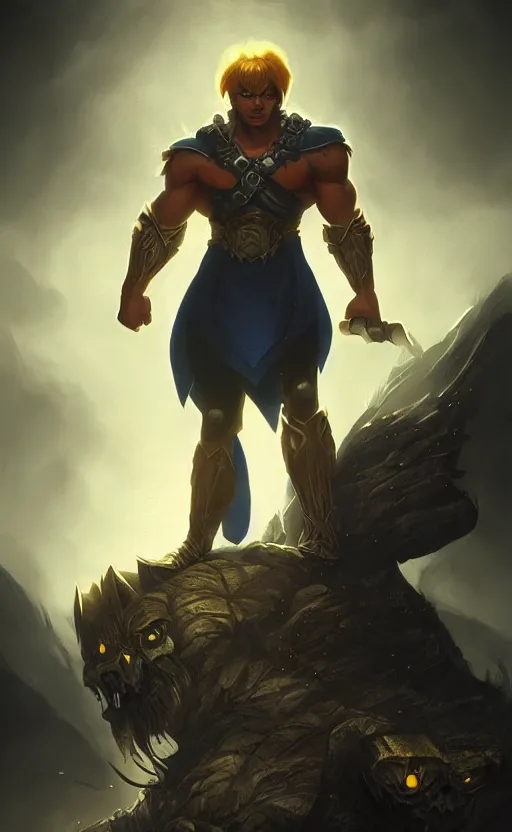 Image similar to Full body centered uncut character pose of mysterious-eerie-ominous He-Man with a dark manner, dark grey shadowy smokey background, golden hour, atmospheric, cinematic, Epic, ultra-detailed, sharp focus, illustration, artwork by Jordan Grimmer and Greg Rutkowski