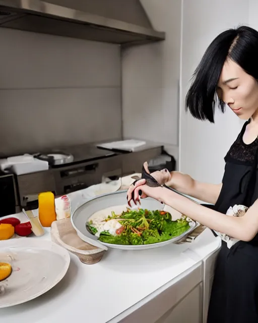 Image similar to wide shot photoshoot of tao okamoto preparing a meal, 8 k, photorealistic