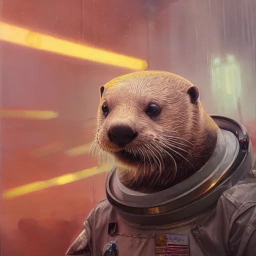 Image similar to hyperrealistic portrait of an athropomorphic otter wearing an astronaut outfit, bladerunner street, art of elysium by jeremy mann and alphonse mucha, fantasy art, photo realistic, dynamic lighting, artstation, poster, volumetric lighting, very detailed face, 4 k, award winning, cinematic lighting, deviantart, artstation, cg society