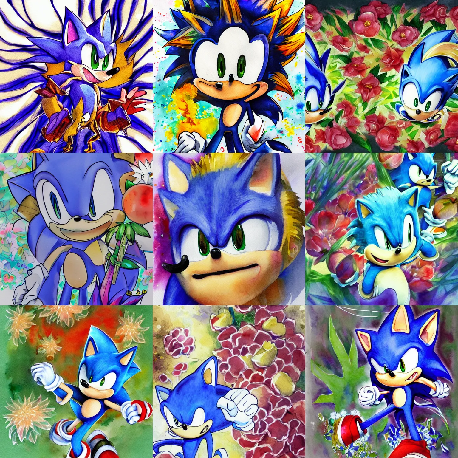 Prompt: watercolor concept art sonic the hedgehog portrait, blooming flowers, in the style of Yoshitaka Amano, ornate, maximalist, trending on Artstation, watercolor