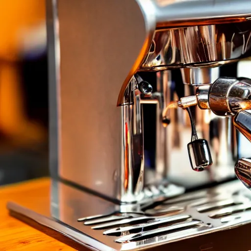 Prompt: close up realistic detailed photo of an expensive espresso machine in a cozy coffee shop, hdr, depth of field, chrome, reflections, volumetric lighting