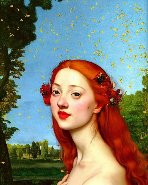 Image similar to a happy a young woman, among the lights of golden fireflies and nature, wearing a wonderful dress, long loose red hair, intricate details, green eyes, small nose with freckles, beatiful smiling face, golden ratio, high contrast, hyper realistic digital art by artemisia lomi gentileschi and caravaggio and artgerm.