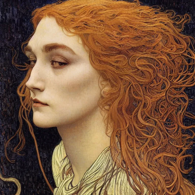 Image similar to detailed realistic beautiful young medieval queen face portrait by jean delville, alphonse mucha, vincent van gogh, and marco mazzoni, art nouveau, symbolist, visionary, gothic, pre - raphaelite