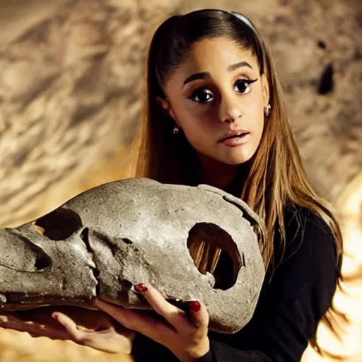 Image similar to ariana grande holding an ancient dinosaur skull in the movie interstellar