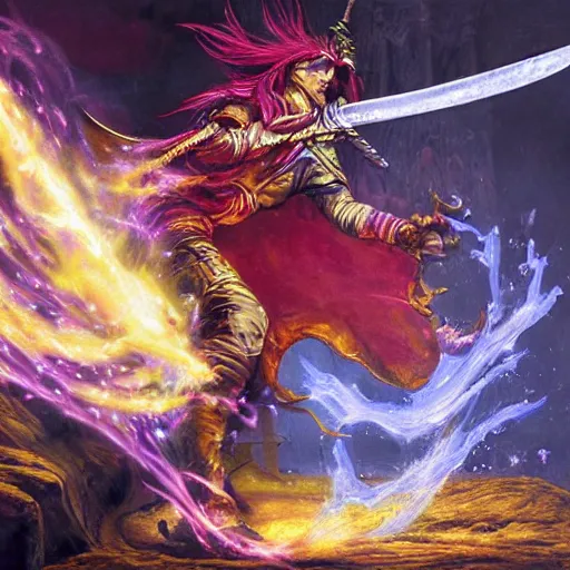 Image similar to A highly detailed oil painting concept art of a sorcerer casting an acid splash spell against a fighter wielding a greatsword, highly detailed concept art.