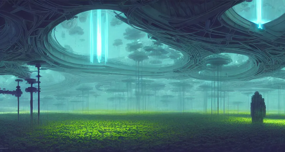 Prompt: lush garden dramatic perspective organic 3 d fractal vapourware colours a minimalist cinematic scifi with giant bright translucent bioluminescent microscopy, gigantic pillars, maschinen krieger, beeple, the matrix, star wars, ilm, star citizen, mass effect, oil painting by donato giancola, chris foss, warm coloured, artstation, atmospheric perspective