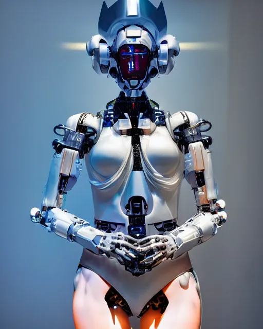 Prompt: 3 / 4 portrait photo by bouguereau of female dancer as a cyberpunk mecha humanoid robotic parts with bright led lights, wearing cyberpunk crown, inside white room, ultra - realistic and detailed, 8 k