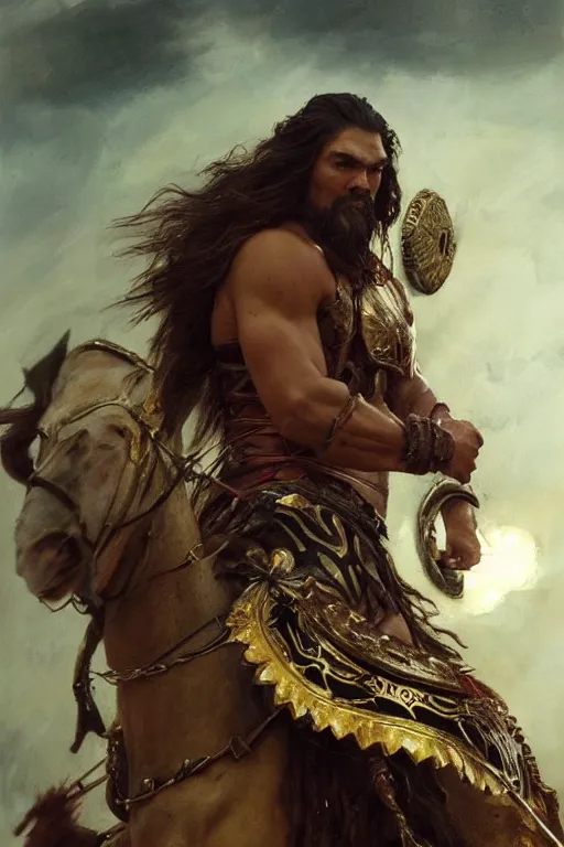 Image similar to beautiful closeup portrait oil painting, jason momoa conan the barbarian wearing a golden wreath crown in royal crimson spartan armor enthroned as the god emperor of ancient rome, mid - shot, by anders zorn, wonderful masterpiece by greg rutkowski, beautiful cinematic light, american romanticism, by thomas lawrence, greg rutkowski