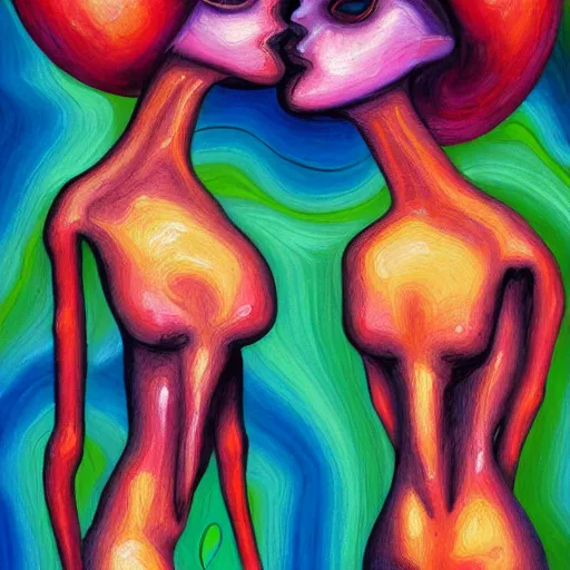 Prompt: expressive painting by francesca sundsten of two bizarre psychedelic femme creatures kissing each other closeup. they are part of an alien landscape. speculative evolution, exobiology