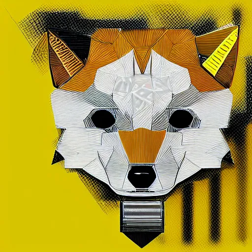 Image similar to a mechanical fox android, hydraulic joints, yellow and white construct, stylised, digital art