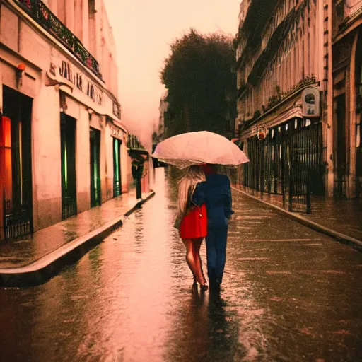 Image similar to street of paris photography, night, rain, mist, lovers holding hands, cinestill 8 0 0 t, in the style of william eggleston