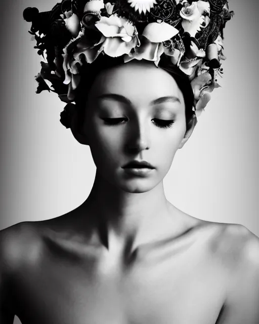 Image similar to a black and white high quality dreamy photo of a young beautiful female queen-silver dragon-vegetal-flower-cyborg bust with a very long cyborg neck and a steampunk flower crown, elegant, highly detailed, poetic, soft, dreamy, mysterious, high fashion, in the style of Horst P. Horst, Metropolis, Realistic, Refined, Digital Art, Highly Detailed, Cinematic Lighting, rim light, black and white, photo-realistic, 8K