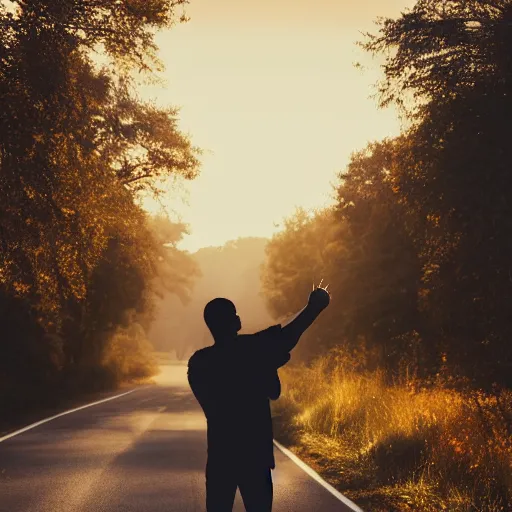 Prompt: Father holds child in the hand,on a road, photorealistic, siluette