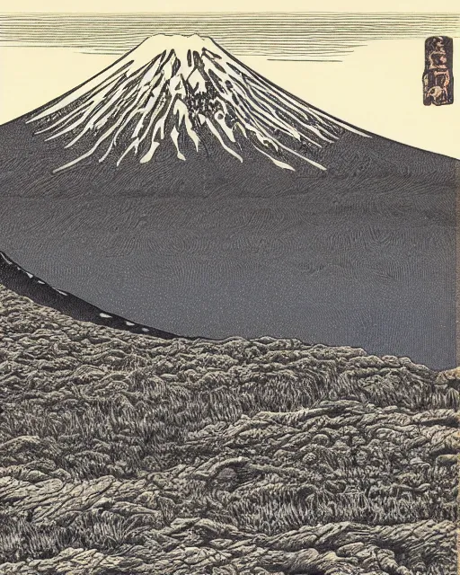 Image similar to an award winning Wood engraving on paper of Mount Fuji, HDR