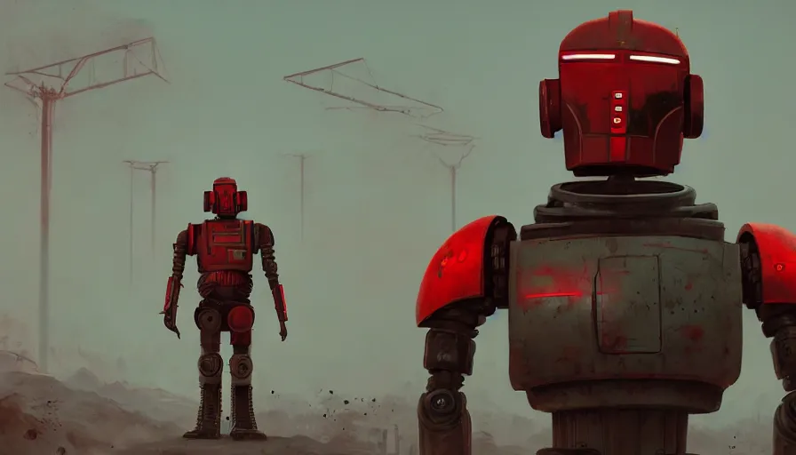 Image similar to a digital art portrait of post apocalyptic soviet robot by Simon Stalenhag, mandalorian red alert android character design, character sheet, 4k, ultra detail, volumetric lighting, unreal engine, octane render