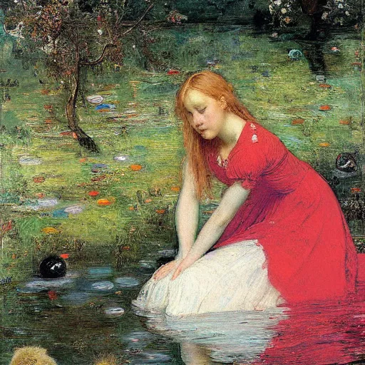 Prompt: ophelia painting, john everette millais. woman floating in pool of orbeez
