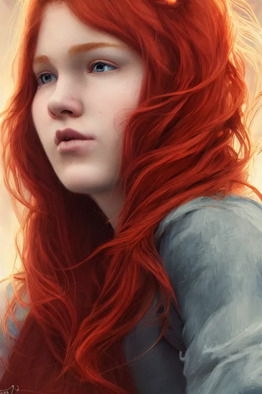 Image similar to ultra realistic style illustration of a beautiful cute red haired joyful 1 9 year old teen, full portrait, long hair, sci - fi, fantasy, intricate, elegant, digital painting, artstation, concept art, smooth, sharp focus, 8 k frostbite 3 engine, ultra detailed, art by artgerm and greg rutkowski and magali villeneuve